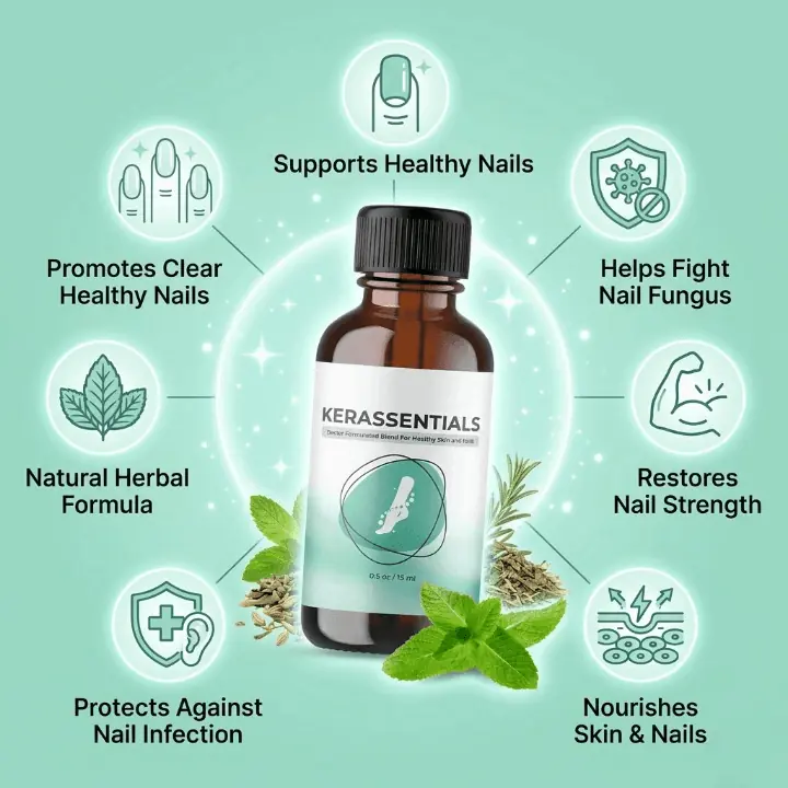 Kerassentials benefits infographic: supports healthy nails, nourishes skin and nails, natural herbal formula