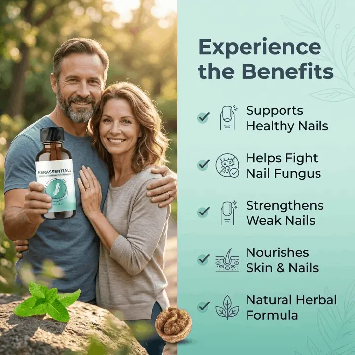 Happy couple holding a bottle of Kerassentials with a list of nail and skin benefits