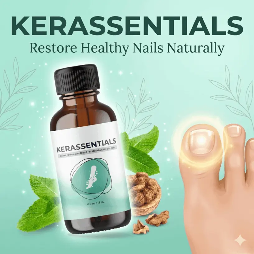 Kerassentials bottle beside healthy-looking toenails with mint leaves and walnuts