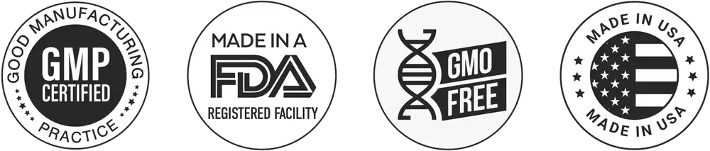 Kerassentials quality badges: GMP certified, made in an FDA registered facility, GMO free, made in USA